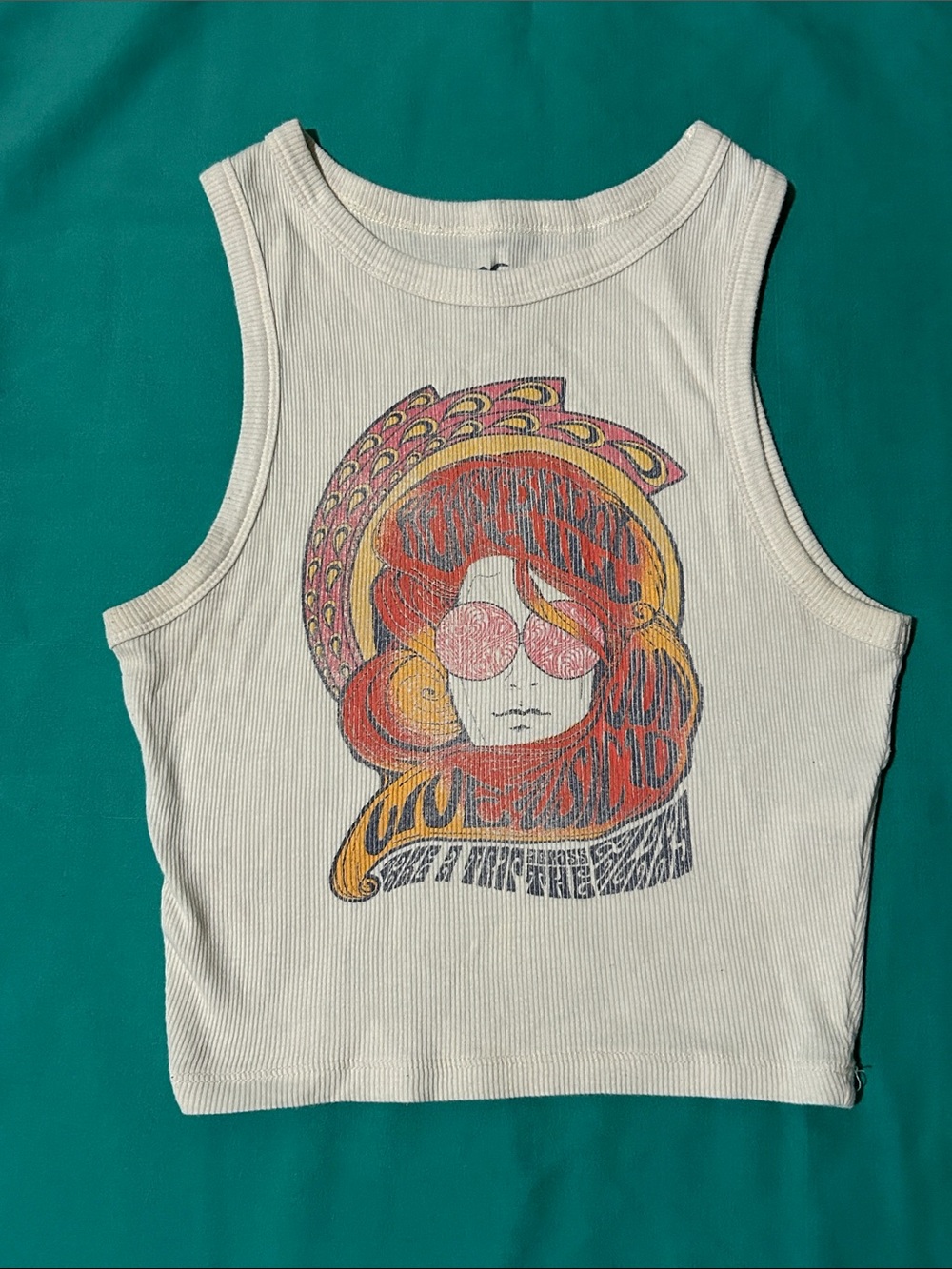 Hollister White Ribbed Crop Tank with Retro Multicolor Graphic Sz: XS